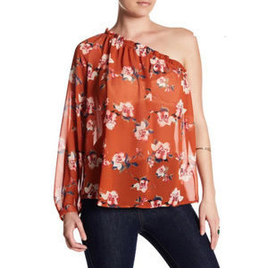 Ro & De Sheer One-Shoulder Blouse in Rust XS NEW